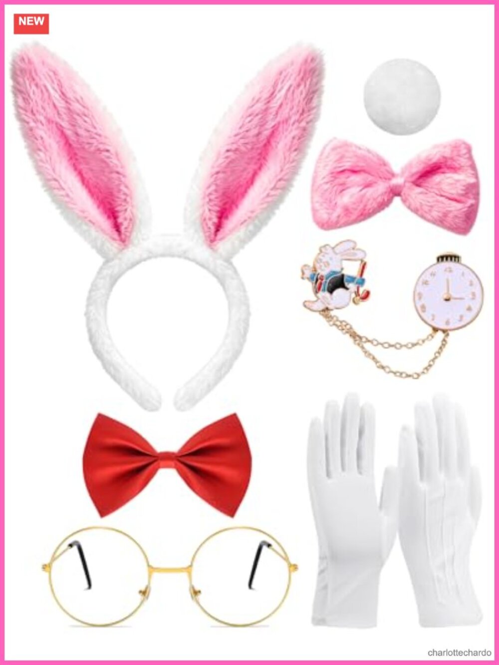 White Rabbit Costume Set Plush Bunny Ears Headband Gloves Bow Tie Tail